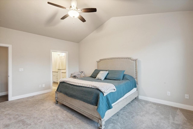 7759 Sunstone Ct, De Pere, WI 54115 - bedroom featuring carpet floors, vaulted ceiling, baseboards, ensuite bath, and ceiling fan