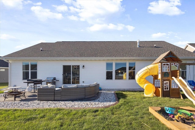 7759 Sunstone Ct, De Pere, WI 54115 - rear view of house featuring an outdoor living space, a playground, a shingled roof, a patio, and a lawn
