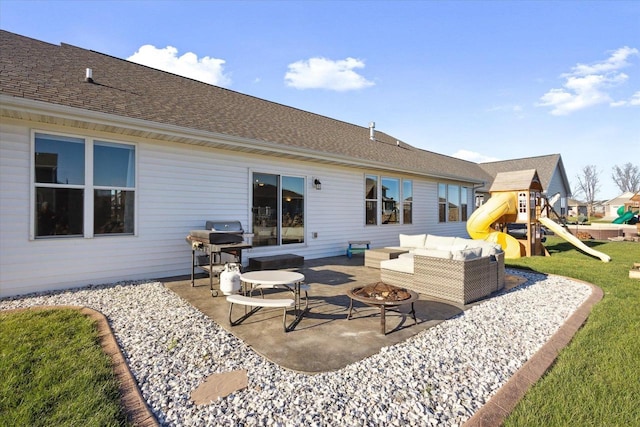 7759 Sunstone Ct, De Pere, WI 54115 - rear view of house featuring a playground, an outdoor living space with a fire pit, a patio, a shingled roof, and a yard