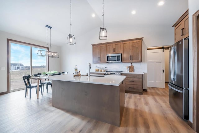 kitchen featuring hanging light fixtures, a barn door, light hardwood / wood-style flooring, an island with sink, and appliances with stainless steel finishes