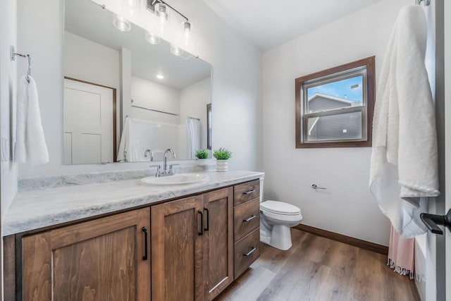 bathroom featuring vanity, wood-type flooring, and toilet