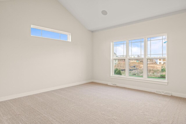 unfurnished room featuring carpet floors, high vaulted ceiling, and a healthy amount of sunlight