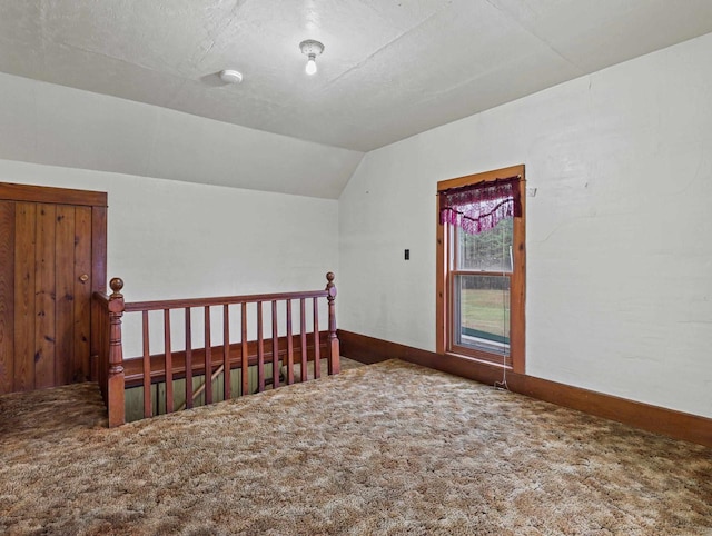 additional living space with carpet floors, a textured ceiling, and vaulted ceiling