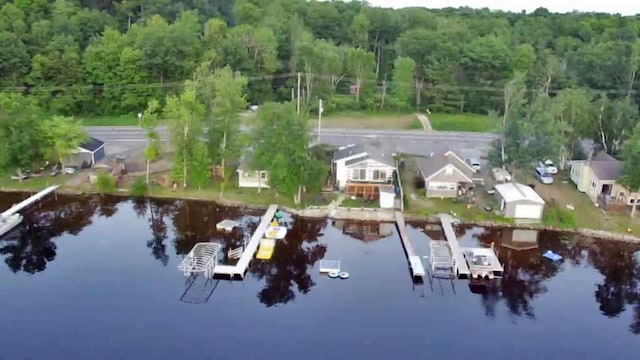 drone / aerial view with a water view and a forest view