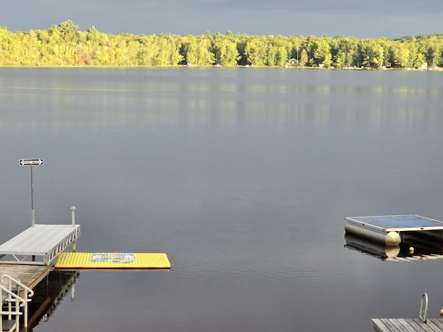 dock area featuring a water view and a wooded view