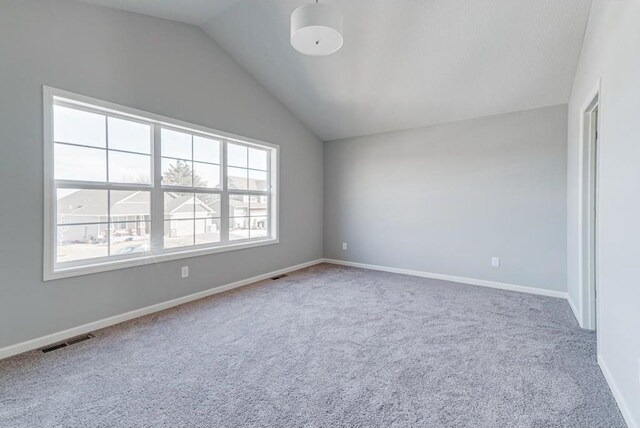 empty room with light colored carpet and lofted ceiling