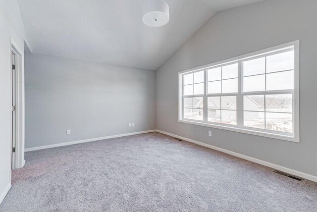 carpeted spare room with lofted ceiling