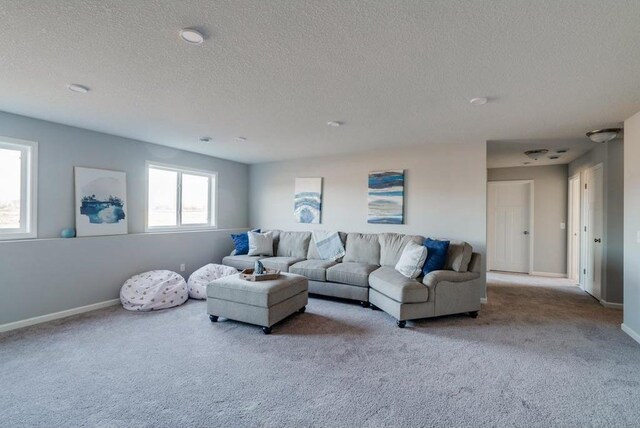 living room featuring a textured ceiling and light carpet