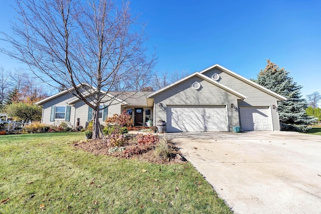 single story home featuring a garage and a front lawn