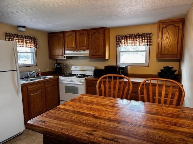 kitchen with a textured ceiling, sink, carpet, and white appliances