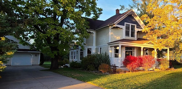 2730 Chestnut Dr, Plover, WI 54467 - view of side of home featuring a porch, a garage, a lawn, and a chimney