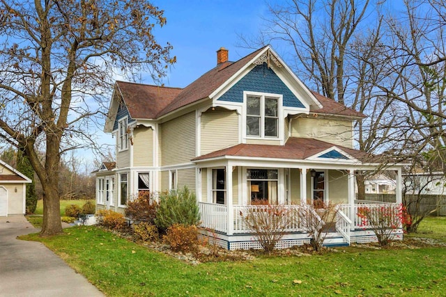 2730 Chestnut Dr, Plover, WI 54467 - victorian house with covered porch, a chimney, a front yard, and a shingled roof