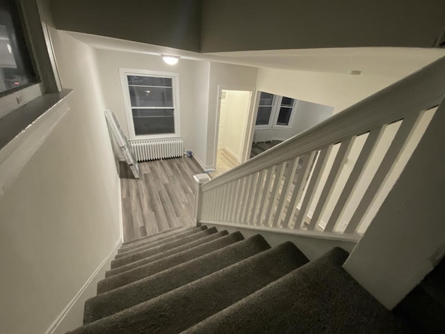 staircase with radiator heating unit and wood finished floors