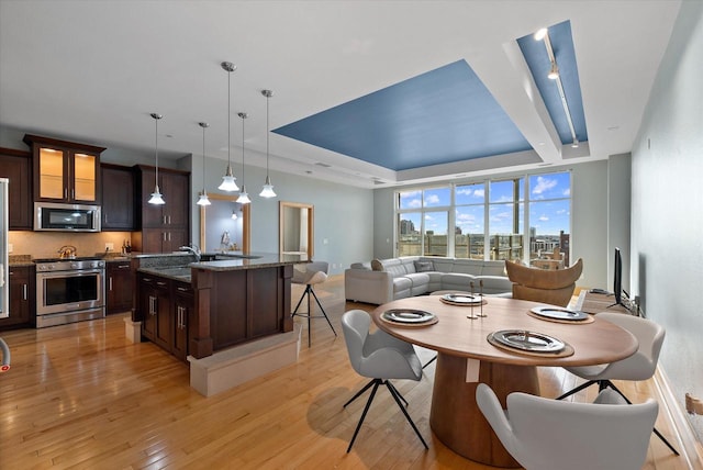 dining room with light hardwood / wood-style floors, a tray ceiling, and sink