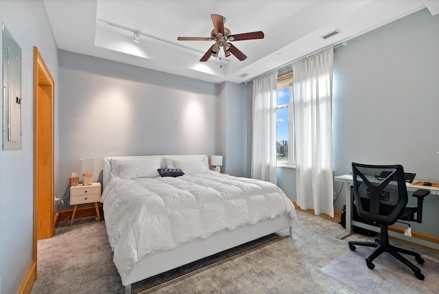 bedroom featuring ceiling fan, light carpet, a tray ceiling, and track lighting