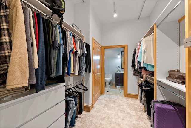 walk in closet with light colored carpet