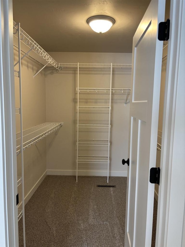 walk in closet with dark colored carpet