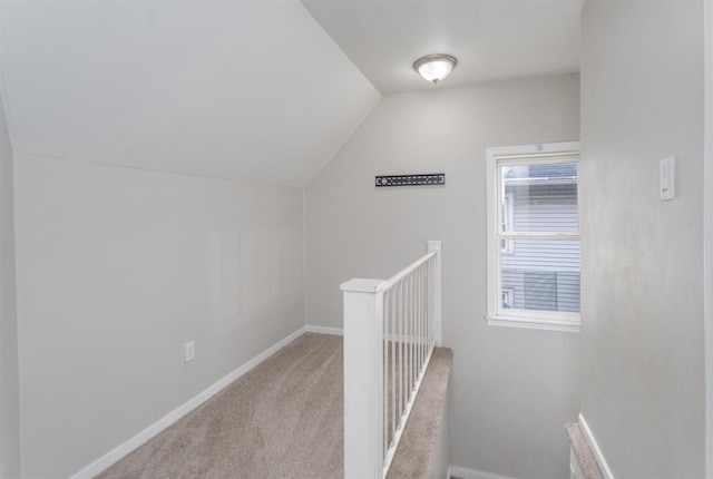 stairway with carpet and vaulted ceiling