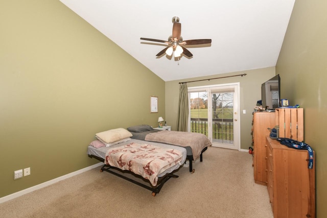 bedroom featuring access to outside, ceiling fan, light carpet, and lofted ceiling