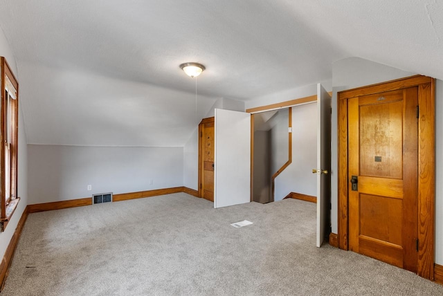 additional living space with a textured ceiling, light carpet, and vaulted ceiling