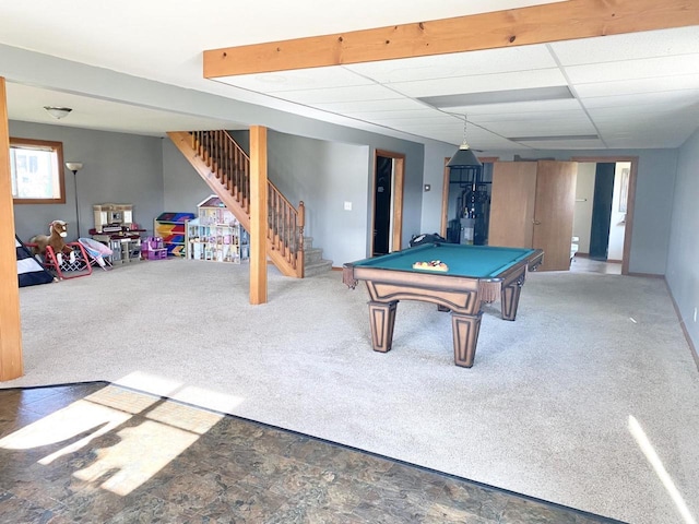 rec room featuring carpet floors, a drop ceiling, and billiards