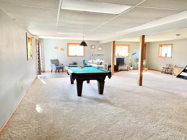 playroom featuring carpet, a drop ceiling, and pool table