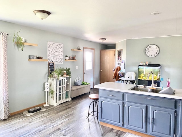 kitchen featuring blue cabinetry, a kitchen breakfast bar, light hardwood / wood-style floors, and sink