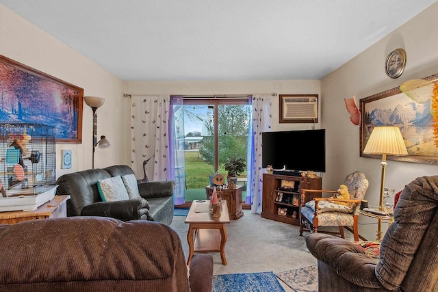 carpeted living room featuring a wall mounted AC