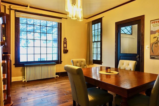 dining room with a chandelier, radiator heating unit, hardwood / wood-style flooring, and ornamental molding