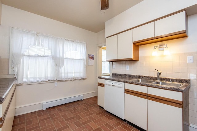 kitchen with dishwasher, a baseboard radiator, white cabinetry, and sink