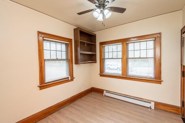 empty room with ceiling fan, light hardwood / wood-style flooring, and a baseboard radiator