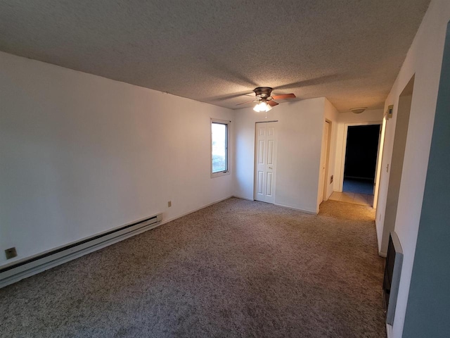 unfurnished room featuring light carpet, a textured ceiling, ceiling fan, and a baseboard heating unit