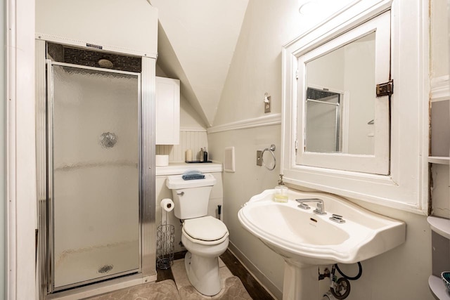 330 E Locust St, Milwaukee, WI 53212 - bathroom featuring toilet, a shower stall, vaulted ceiling, and a sink