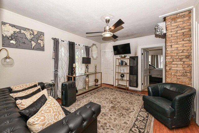 living room featuring ceiling fan, ornamental molding, and hardwood / wood-style floors