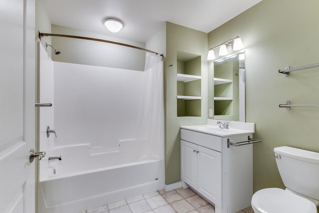 full bathroom with shower / bathtub combination with curtain, tile patterned flooring, vanity, and toilet