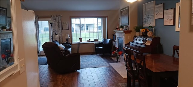 living room with dark hardwood / wood-style flooring