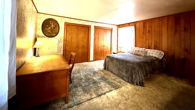 bedroom with wooden walls and multiple closets