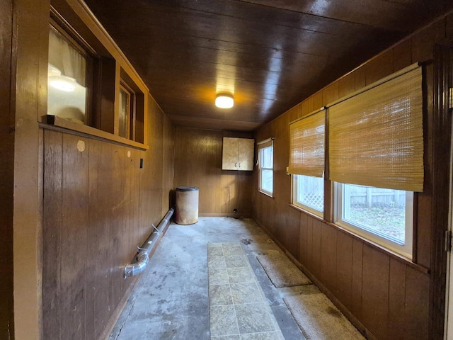 empty room featuring wood walls and wood ceiling