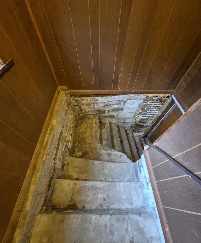 stairs featuring wooden walls