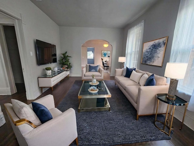 living room with dark wood-type flooring