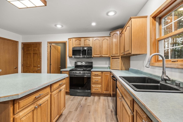 kitchen featuring light wood-type flooring, sink, and black appliances