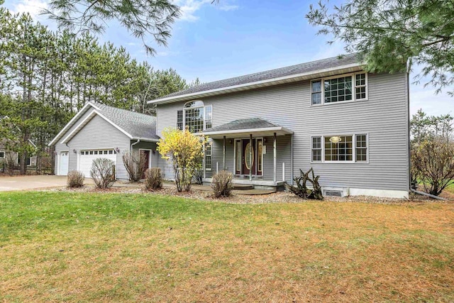 view of front of home with a garage, covered porch, and a front yard