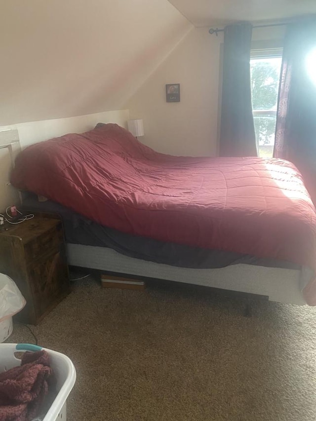 carpeted bedroom featuring vaulted ceiling