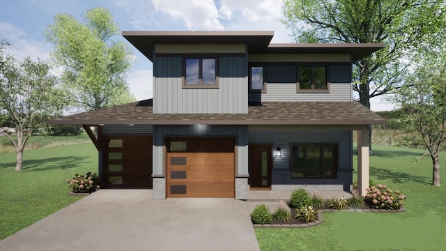 view of front of home with a porch, a garage, and a front lawn