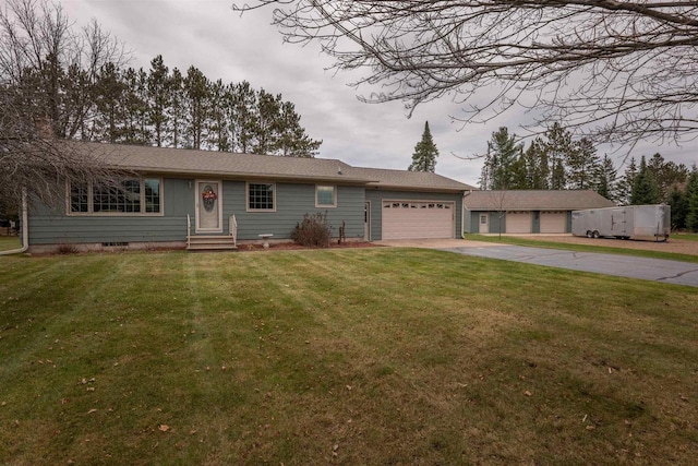 single story home with a front lawn and a garage