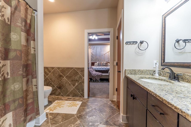 bathroom featuring vanity, toilet, and tile walls