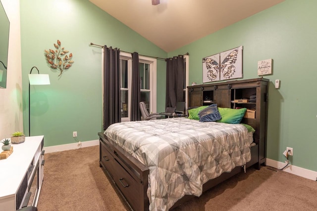 bedroom with light carpet, ceiling fan, and lofted ceiling