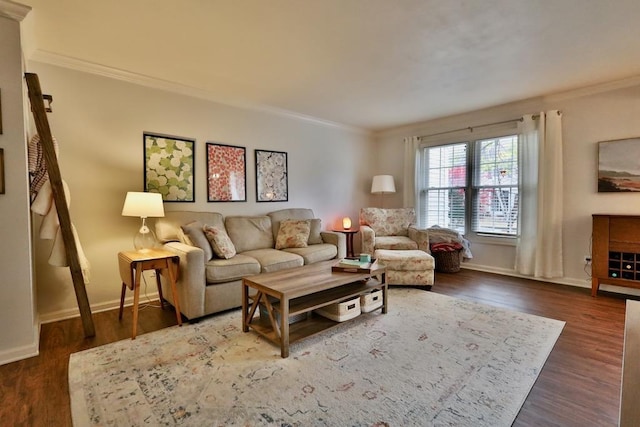 living room with dark hardwood / wood-style floors and crown molding