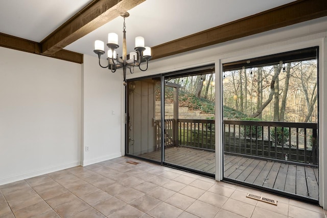 interior space with beam ceiling, tile patterned floors, and an inviting chandelier