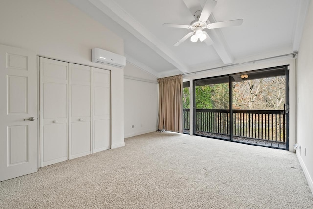 unfurnished bedroom featuring access to outside, vaulted ceiling with beams, ceiling fan, a wall mounted AC, and carpet floors